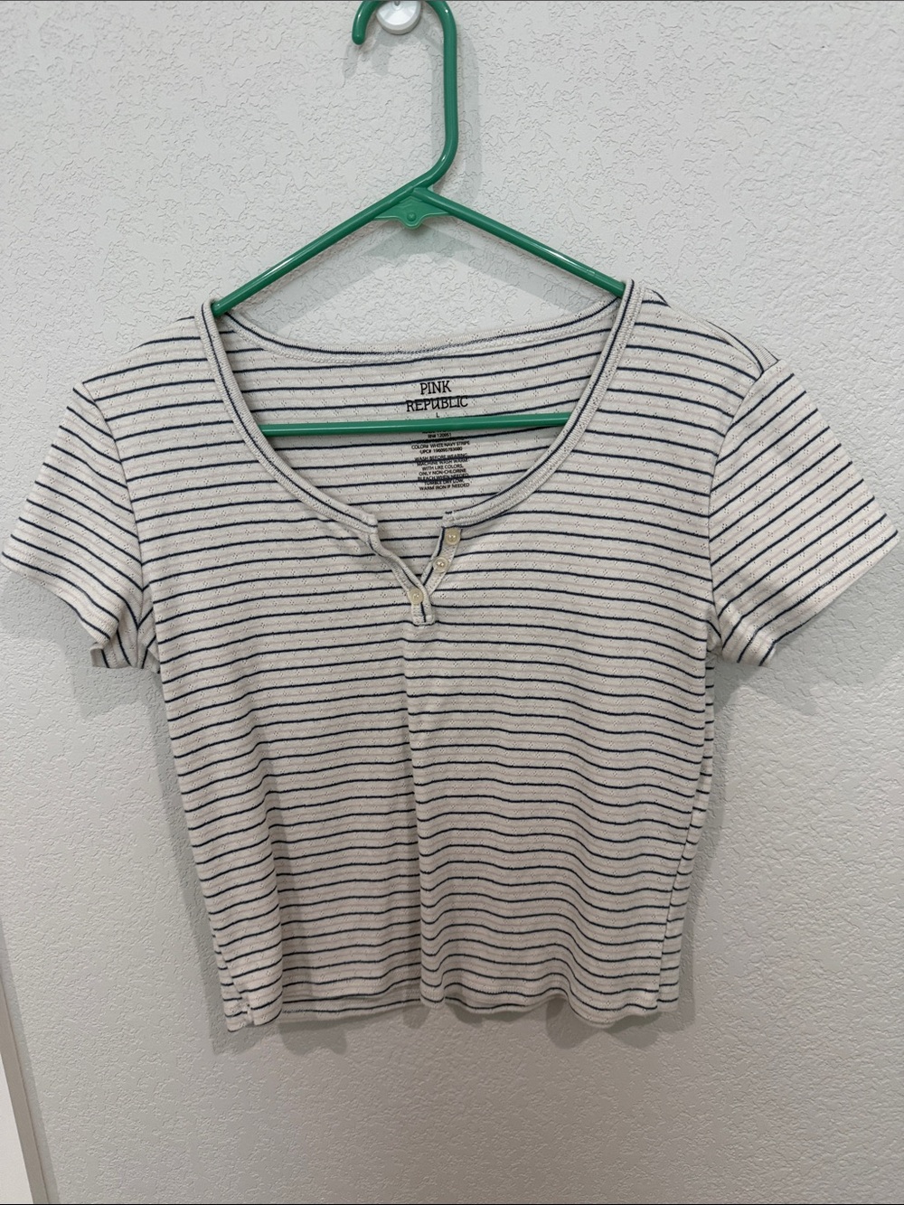 Pink Republic Cream Short Sleeve Henley with Navy and Pink Stripes